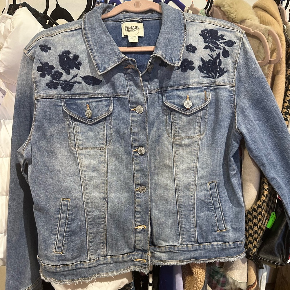 Vintage America Blue Denim Jacket with Navy Floral Embroidery